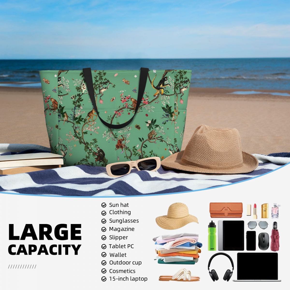 Monkey World Green Beach Tote  - Yoga Fitness World 评论和价格